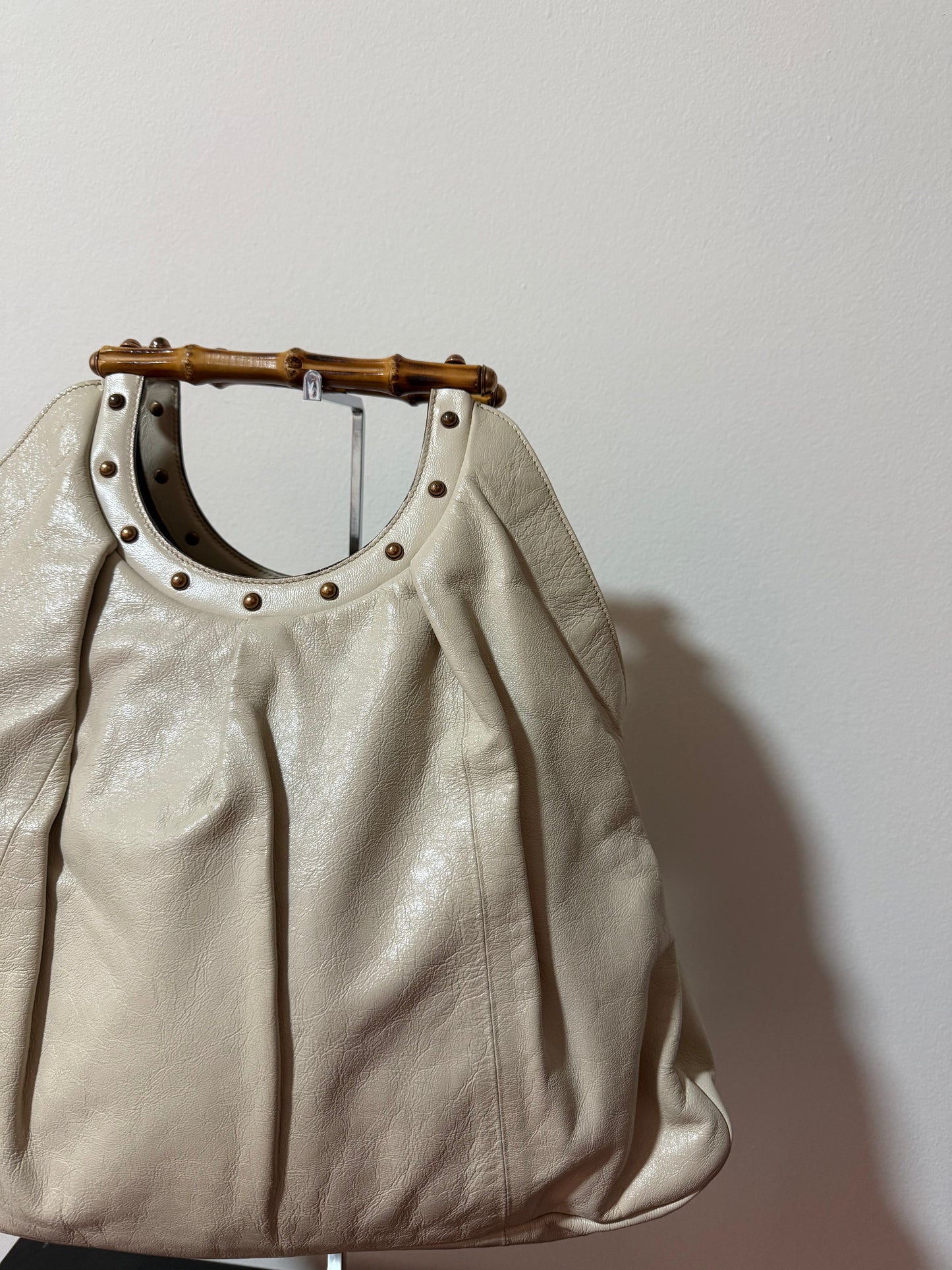Gucci Off-White Bamboo Leather Handbag