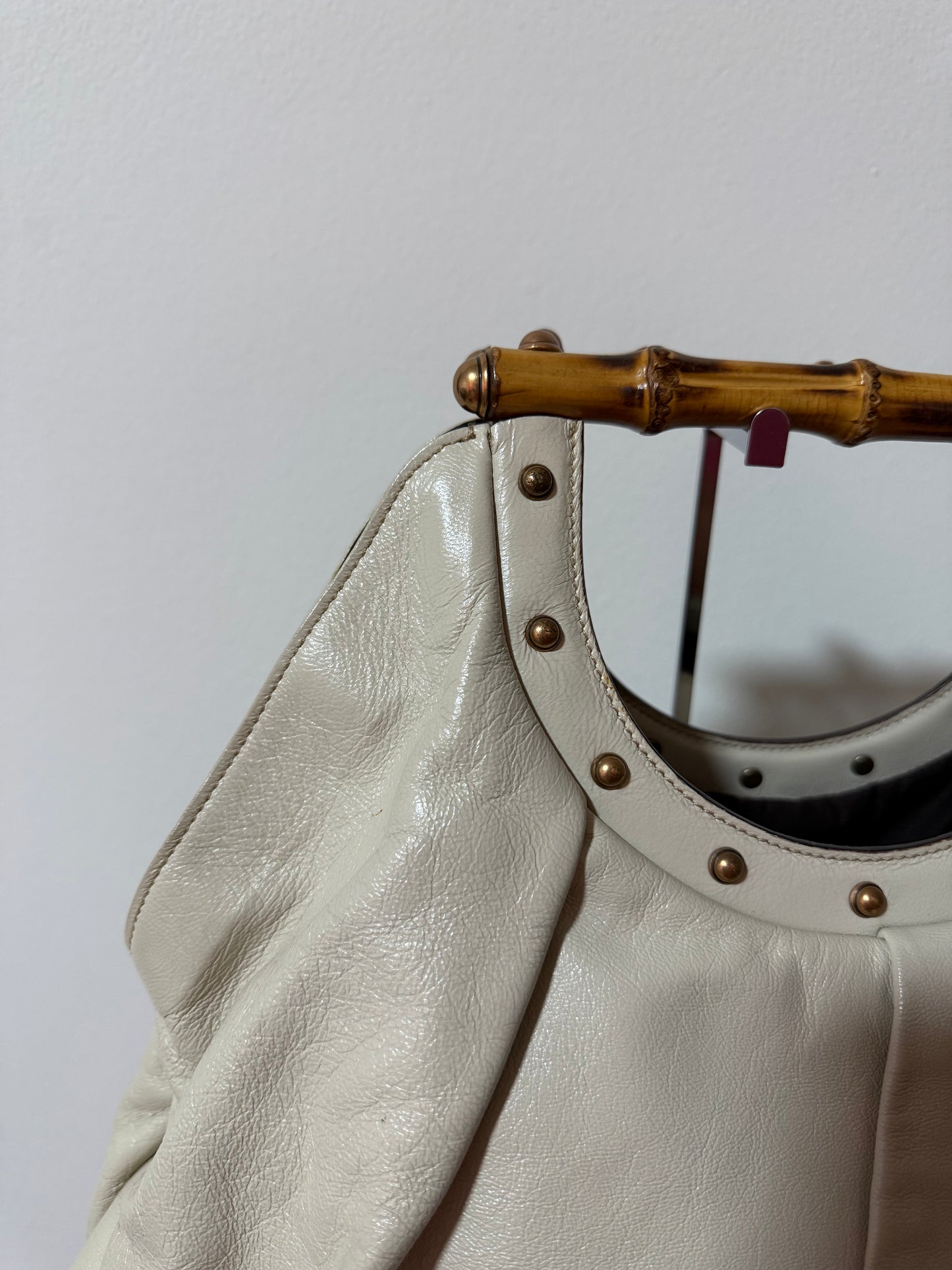Gucci Off-White Bamboo Leather Handbag